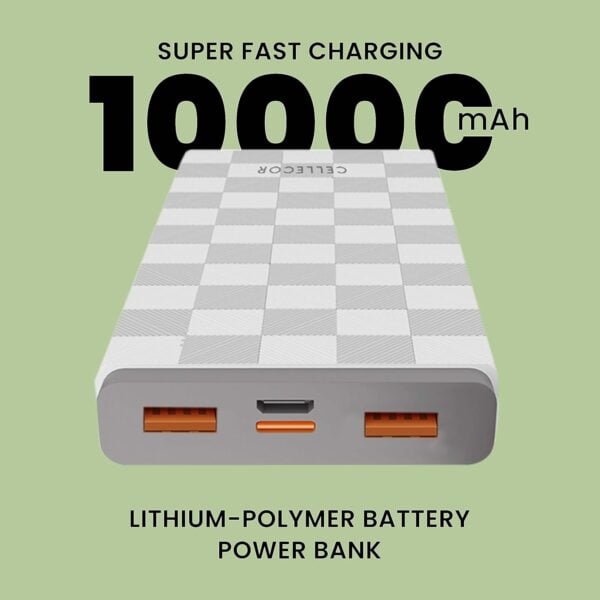 Cellecor CLPB-60-10000mAH Lithium Polymer Power Bank | 10W Fast Charge | Dual USB Output | Dual Input-Type C & Micro USB | Power LEDs Indicator