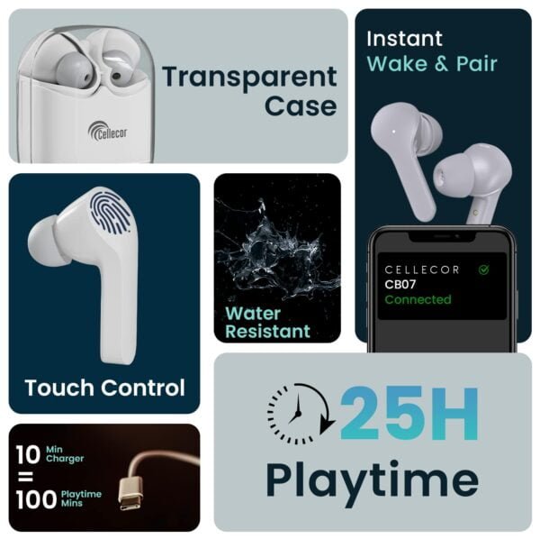 Cellecor BroPods CB07 Waterproof Earbuds with Transparent Case|25 Hours Playtime|Touch Control | ENC|Auto Pairing|10mm Drivers|5.1v Bluetooth (White)