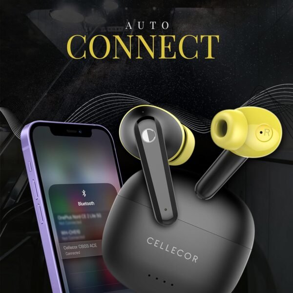 Cellecor BroPods CB03-ACE TWS with 40 Hours Playtime, Automatic Pairing, HD Sound and 5.1V Bluetooth (Black-Yellow)