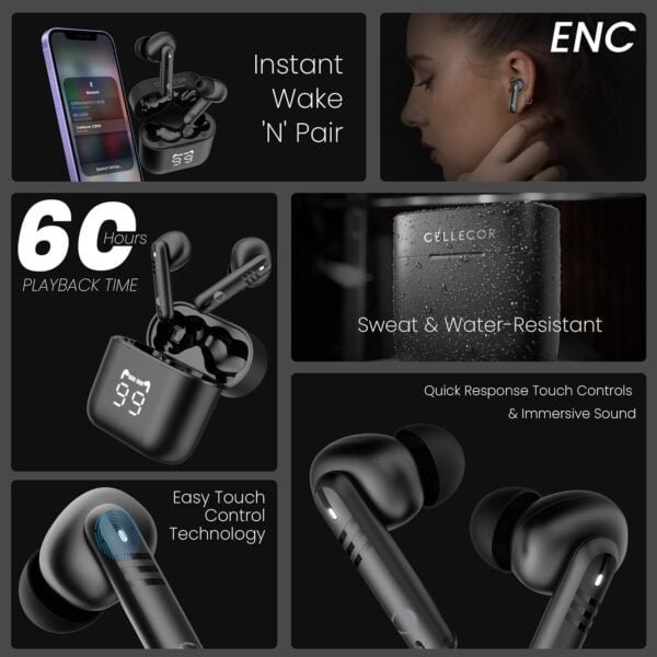 Cellecor BroPods CB55 Waterproof TWS with 60 Hours Playtime, Automatic Pairing, HD Sound and 5.1V Bluetooth (Black)