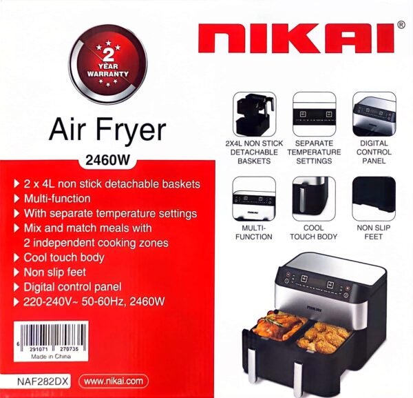Nikai NAF282X 8 Litre Dual-Basket Airfryer, Black & Silver