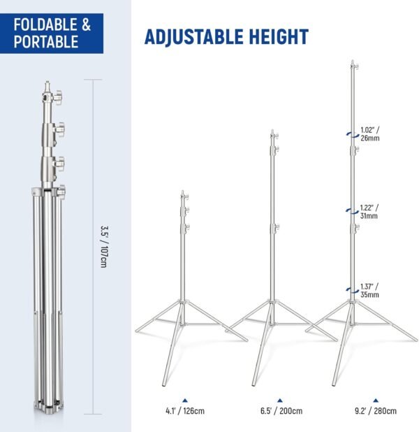 NEEWER ST-280SS 9.2ft/2.8m Stainless Steel Light Stand, Spring Cushioned Heavy Duty Photography Tripod Stand