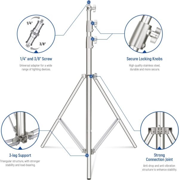 NEEWER ST-280SS 9.2ft/2.8m Stainless Steel Light Stand, Spring Cushioned Heavy Duty Photography Tripod Stand