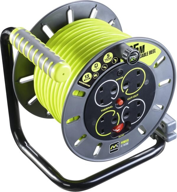 Masterplug Pro-XT Four Socket Open Cable Reel Extension Lead with Winding Handle, Thermal Cut Out and Power Switch, 25 Metres High Visibility Cable, Green