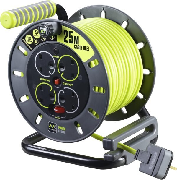 Masterplug Pro-XT Four Socket Open Cable Reel Extension Lead with Winding Handle, Thermal Cut Out and Power Switch, 25 Metres High Visibility Cable, Green