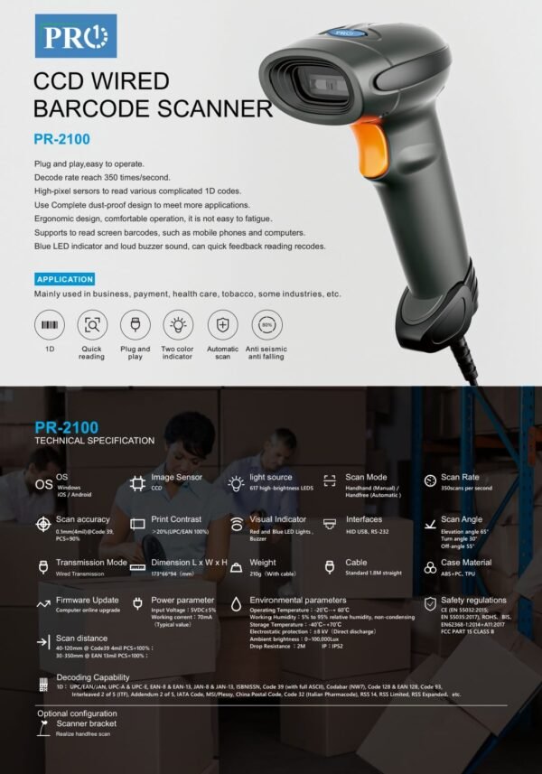 PRO-1 PR2100 1D CCD Wired Scanner Usb With Stand