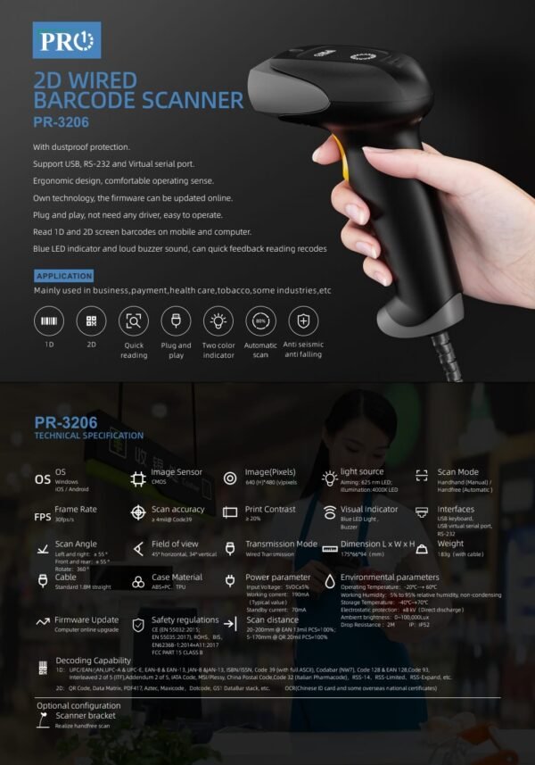 PRO-1 PR3206 1D/2D Barcode Scanner With Stand
