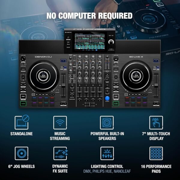 Denon DJ SC LIVE 4 Standalone 4-Deck DJ System with 7" Touchscreen, Built-In Speakers, and Wi-Fi