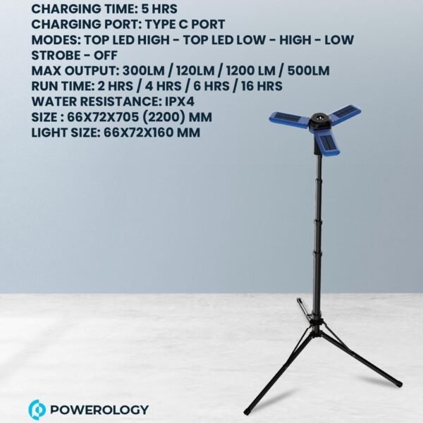 Powerology PWCSFTLDL 2600mAh Camping Light With Tripod Stand Built-in Solar Panels