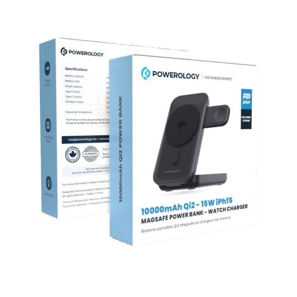 POWEROLOGY PPBCHA35-BK 10000mAh Qi2 - 15W iPhone 15 Magsafe Powerbank - Watch Charger
