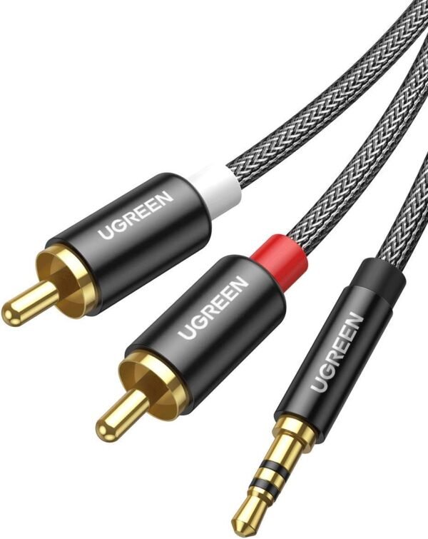 UGREEN RCA to 3.5mm Audio Cable 2Meter, 2 RCA Male to 3.5mm(1/8") Male Stereo Jack Phono Y Splitter Nylon-Braided Aux Cable, Black