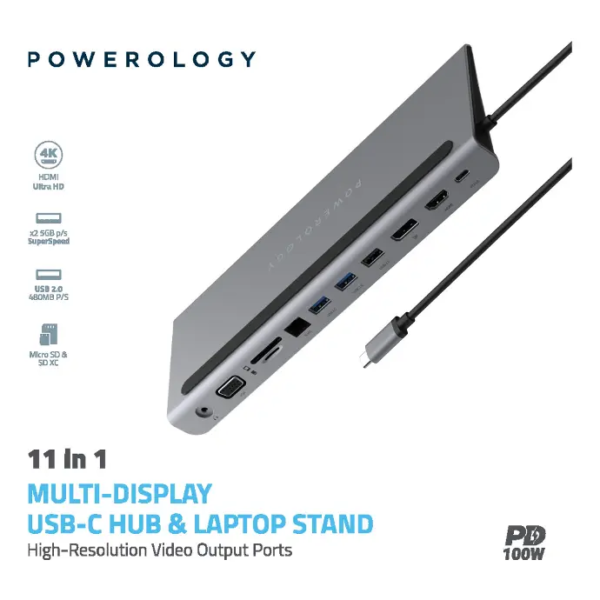 POWEROLOGY  P11CHBMCGY 11 in 1 Multi-Display USB-C Hub & Laptop Stand
