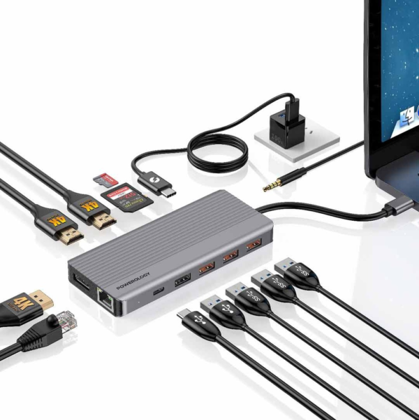 POWEROLOGY  P131HBCGY 13 in 1 Dual Hdmi & DP 4K USB-C Hub Ethernet 10Gbps Data Transfer