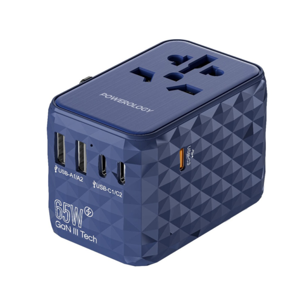 POWEROLOGY P65W3PD-BU Universal Multi-Port GaN Travel Adapter 3x Type-C With 2x USB-A Ports 65W PD