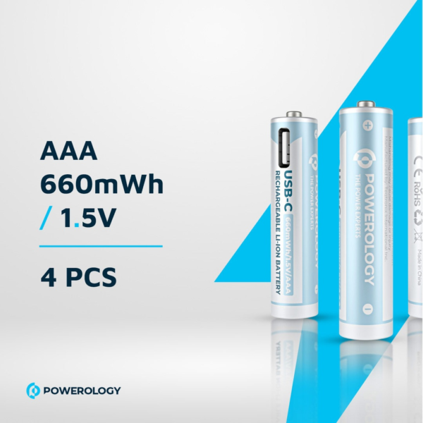 POWEROLOGY PAAAV2RBT USB-C Rechargeable Lithium AAA Battery (4pc pack)