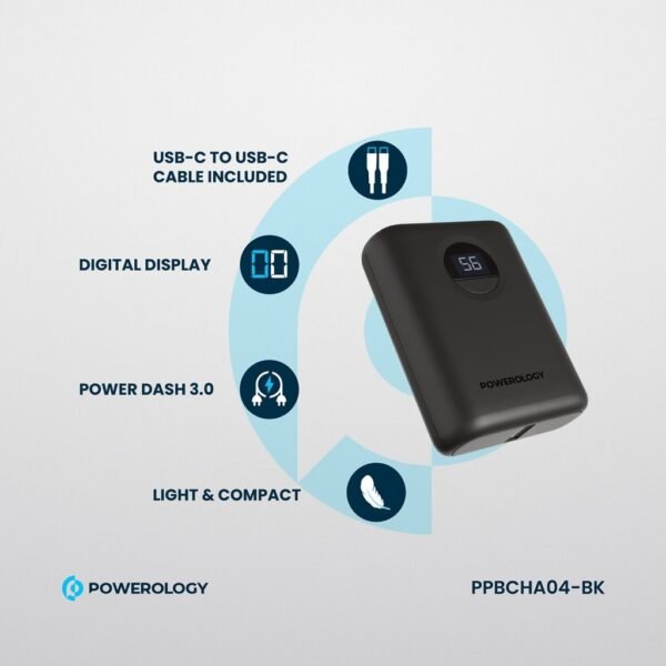 POWEROLOGY PPBCHA04-BK 10000mAh Ultra-Compact Power Bank 20W PD & QC3.0 USB-A and USB-C