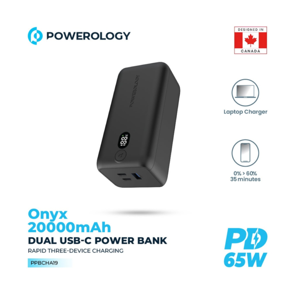 POWEROLOGY PPBCHA19 Onyx 20000mAh Dual USB-C Power Bank Rapid Three-Device Charging