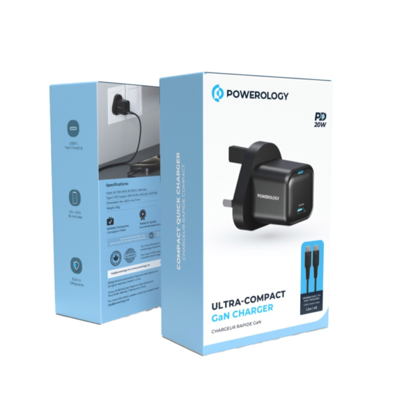 POWEROLOGY PWCUQC016-C Ultra-Compact GaN Charger With USB-C To USB-C Cable 1.2m/4ft
