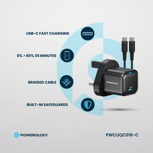 POWEROLOGY PWCUQC016-C Ultra-Compact GaN Charger With USB-C To USB-C Cable 1.2m/4ft