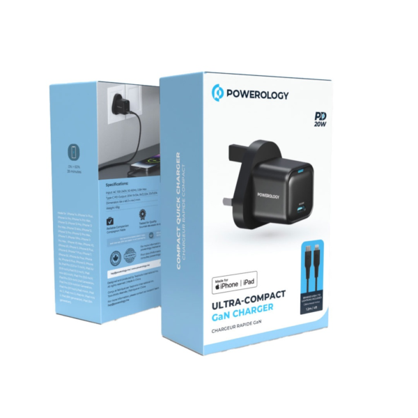 POWEROLOGY PWCUQC016-L Ultra-Compact GaN Charger With USB-C To Lightning Cable 1.2m/4ft