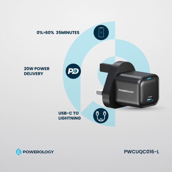 POWEROLOGY PWCUQC016-L Ultra-Compact GaN Charger With USB-C To Lightning Cable 1.2m/4ft