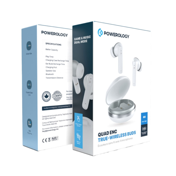 POWEROLOGY PWLAU006WH Quad ENC True- Wireless Earbuds