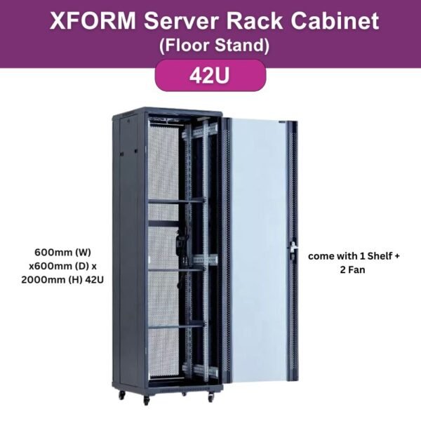 XForm Floor Stand Server Rack Cabinet ( 42U ) 600mm (W) x600mm (D) x 2000mm (H) 42U Come with 1 Shelf + 2 Fan