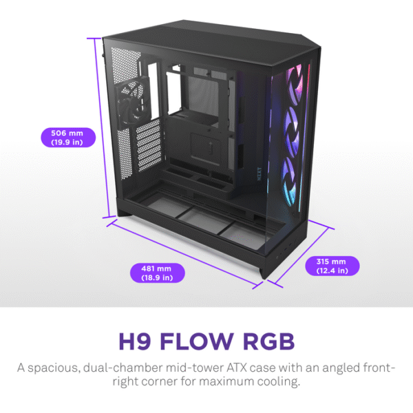 NZXT H9 Flow RGB+ Dual-Chamber Mid- Tower Gaming Case Black