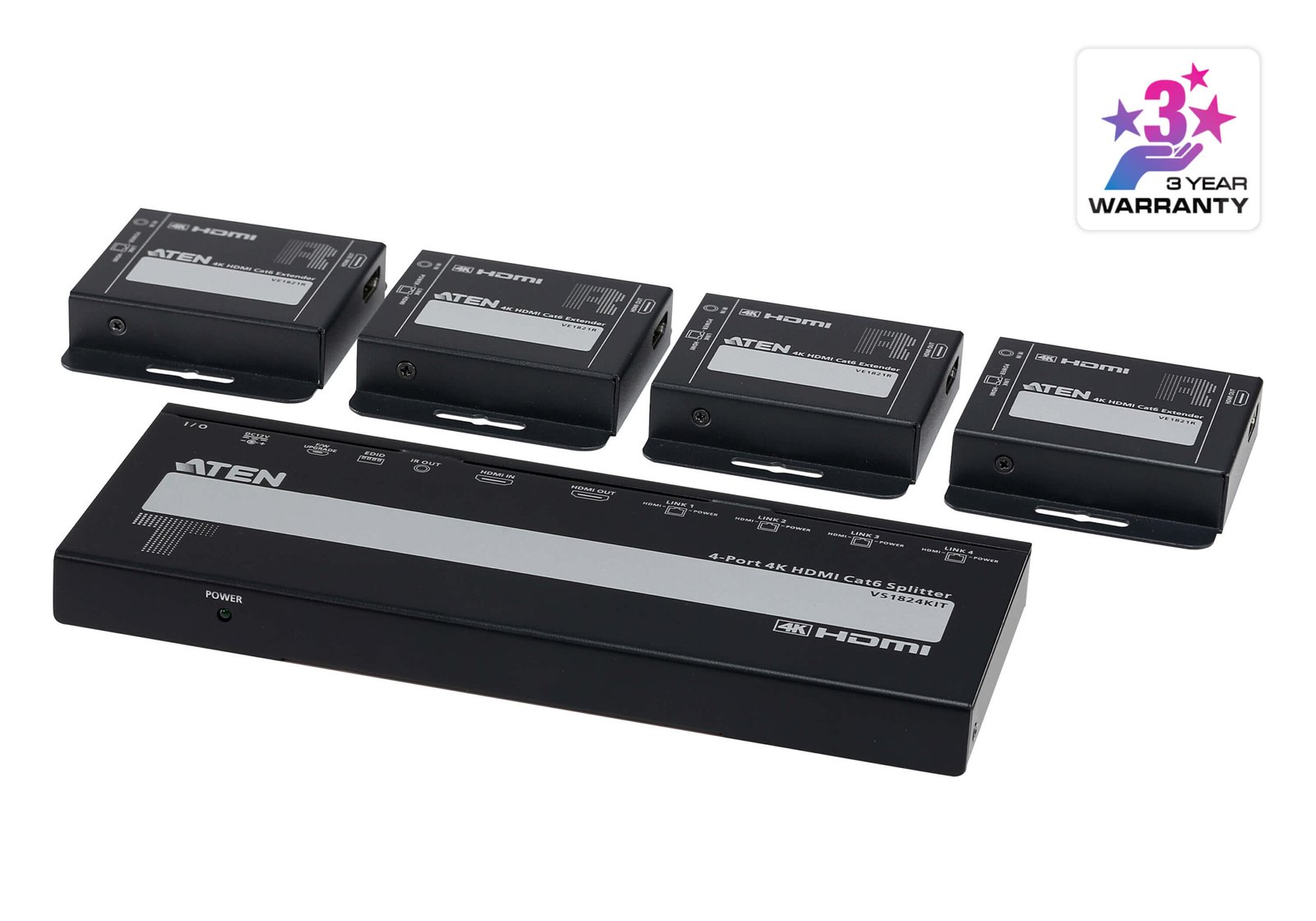 Aten VS1824KIT-AT-E 4-Port 4K HDMI Splitter over Cat6 with 4 Receivers & UK Power Cord Ultra HD HDMI Extender Kit Aten VS1824KIT-AT-E 4-Port 4K HDMI Splitter over Cat6 with 4 Receivers & UK Power Cord Ultra HD HDMI Extender Kit
