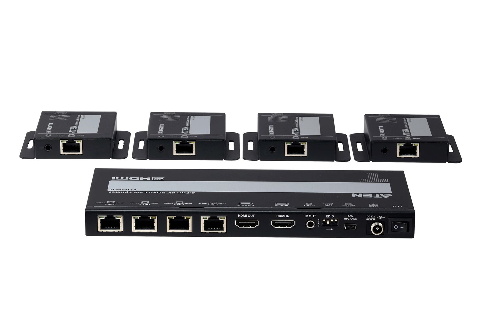 Aten VS1824KIT-AT-E 4-Port 4K HDMI Splitter over Cat6 with 4 Receivers & UK Power Cord Ultra HD HDMI Extender Kit Aten VS1824KIT-AT-E 4-Port 4K HDMI Splitter over Cat6 with 4 Receivers & UK Power Cord Ultra HD HDMI Extender Kit