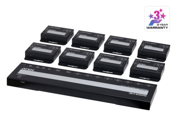 ATEN VS1828KIT-AT-E 8-Port 4K HDMI Splitter over Cat6 with 8 Receivers Ultra HD Extender Kit, UK Power Cord Included