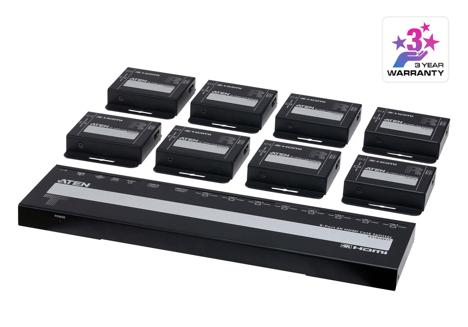 ATEN VS1828KIT-AT-E 8-Port 4K HDMI Splitter over Cat6 with 8 Receivers Ultra HD Extender Kit, UK Power Cord Included ATEN VS1828KIT-AT-E 8-Port 4K HDMI Splitter over Cat6 with 8 Receivers Ultra HD Extender Kit, UK Power Cord Included