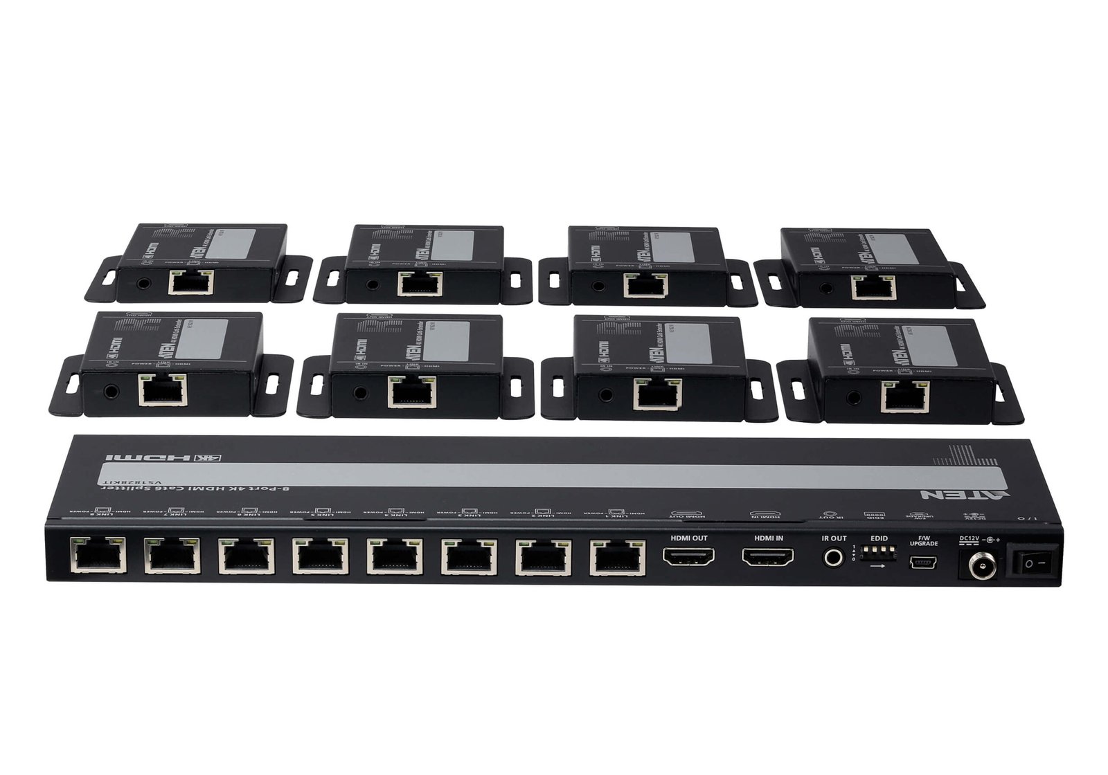 ATEN VS1828KIT-AT-E 8-Port 4K HDMI Splitter over Cat6 with 8 Receivers Ultra HD Extender Kit, UK Power Cord Included ATEN VS1828KIT-AT-E 8-Port 4K HDMI Splitter over Cat6 with 8 Receivers Ultra HD Extender Kit, UK Power Cord Included