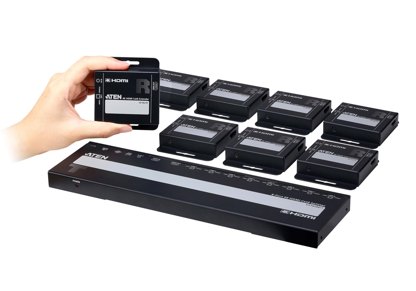 ATEN VS1828KIT-AT-E 8-Port 4K HDMI Splitter over Cat6 with 8 Receivers Ultra HD Extender Kit, UK Power Cord Included ATEN VS1828KIT-AT-E 8-Port 4K HDMI Splitter over Cat6 with 8 Receivers Ultra HD Extender Kit, UK Power Cord Included